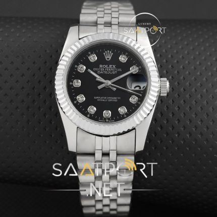 Rolex Date Just replika saat siyah kadran taşlı model