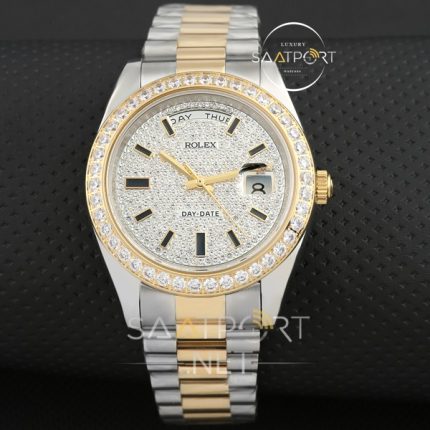 Rolex Day Date Two tone Unisex Taşlı Saat Modeli