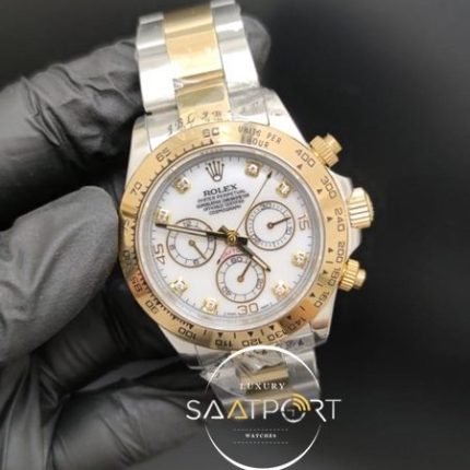 Rolex Saat Otomatik Daytona Taşlı Beyaz Kadran Gold Bezel Çelik Kordon