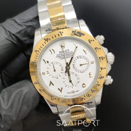 Rolex Saat Daytona Arapça Beyaz Kadran Gold Bezel Otomatik Mekanizma