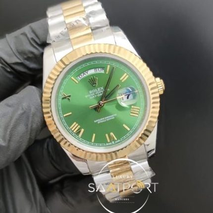 Rolex Saat Day Date Otomatik 41mm Roma Rakamlı Yeşil Kadran Tırtıklı Bezel