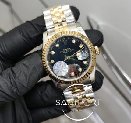 Rolex Saat DateJust Taşlı Siyah Kadran Tırtıklı Gold Bezel Otomatik Mekanizma