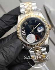 Rolex Saat Otomatik DateJust Roma Rakamlı Taşlı Siyah Kadran Jubile Kordon