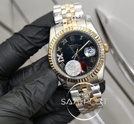 Rolex Saat Otomatik DateJust Roma Rakamlı Taşlı Siyah Kadran Jubile Kordon