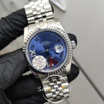 Rolex Saat DateJust Roma Rakamlı Taşlı Mavi Kadran Çelik Jubile Kordon