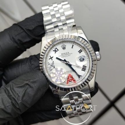 Rolex Saat DateJust Roma Rakamlı Taşlı Beyaz Kadran Jubile Kordon Tırtıklı Bezel