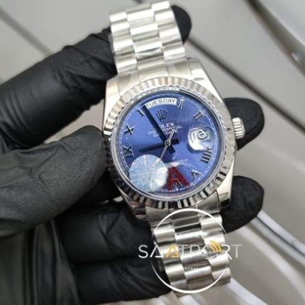 Rolex Saat Day Date Roma Rakamlı Mavi Kadran Tırtıklı Bezel Otomatik Mekanizma