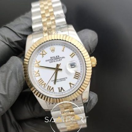 Rolex Saat Datejust Oyster Perpetual Roma Rakamlı Beyaz Kadran Tırtıklı Bezel
