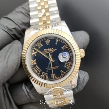 Rolex Saat Datejust Oyster Perpetual Roma Rakamlı Siyah Kadran Tırtıklı Bezel