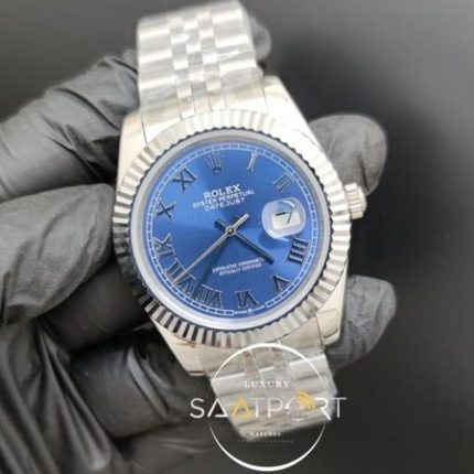 Rolex Saat Datejust Otomatik Mavi Oyster Perpetual Roma Rakamlı Kadran Tırtıklı Bezel