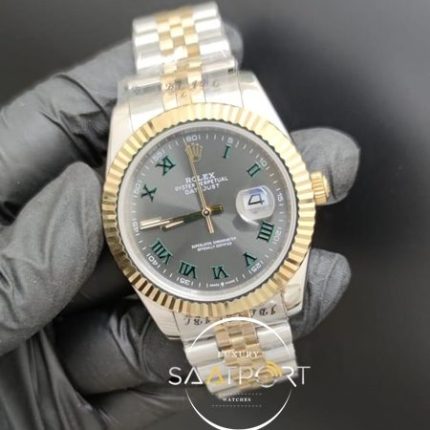 Rolex Saat Datejust Oyster Perpetual Roma Rakamlı Gri Kadran Tırtıklı Gold Bezel