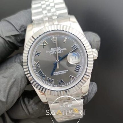 Rolex Saat Datejust Oyster Perpetual Roma Rakamlı Gri Kadran Tırtıklı Çelik Bezel