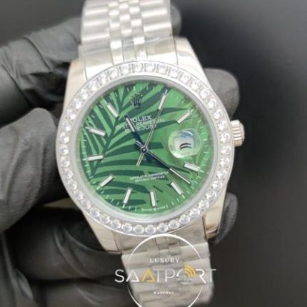 Rolex Saat Datejust Desenli Yeşil Kadran Taşlı Bezel Jubile Kordon