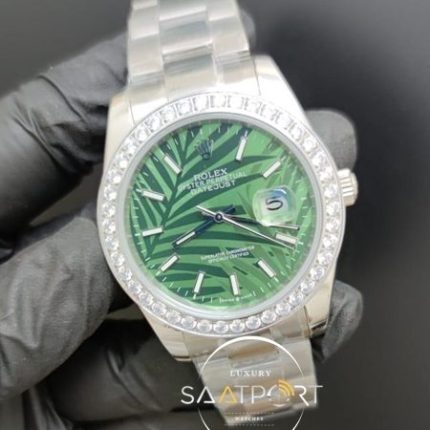 Rolex Saat Datejust Baget Taşlı Bezel Desenli Yeşil Kadran Çelik Kordon