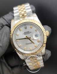 Rolex Saat Datejust Baget Taşlı Gri Kadran Tırtıklı Gold Bezel