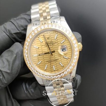 Rolex Saat Datejust Desenli Gold Kadran Taşlı Bezel Otomatik Jubile Kordon