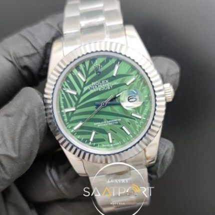 Rolex Saat Datejust 41mm Desenli Yeşil Kadran Tırtıklı Bezel Çelik Kasa