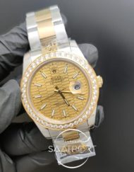 Rolex Saat Datejust 41mm Desenli Sarı Kadran Baget Taşlı Bezel
