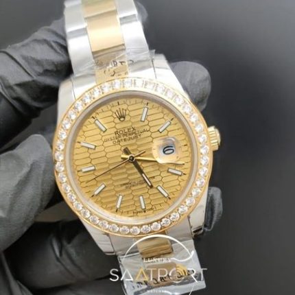 Rolex Saat Datejust 41mm Desenli Sarı Kadran Baget Taşlı Bezel