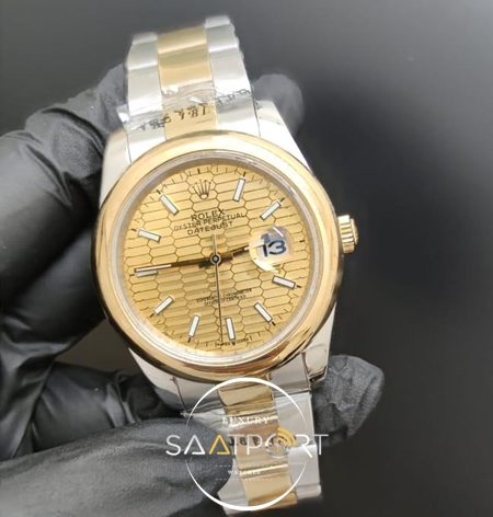 Rolex Saat Datejust 41mm Desenli Sarı Kadran Düz Gold Bezel