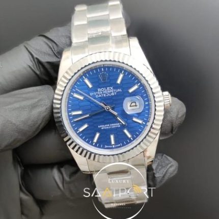 Rolex Saat Datejust 41mm Desenli Mavi Kadran Tırtıklı Çelik Bezel