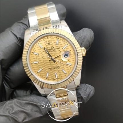 Rolex Saat Datejust Desenli Sarı Kadran Tırtıklı Bezel Çelik Gold Kordon
