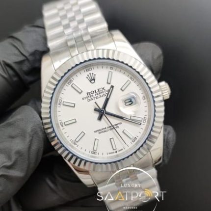 Rolex Saat Datejust Beyaz Kadran Tırtıklı Bezel Çelik Jubile Kordon