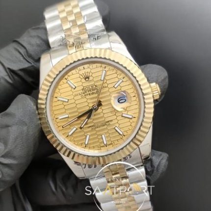 Rolex Saat Datejust Desenli Gold Kadran Tırtıklı Bezel Jubile Kordon