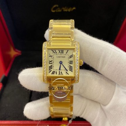 Cartier Tank Taşlı Gold Çelik Kasa Roma Rakamlı Otomatik Saat