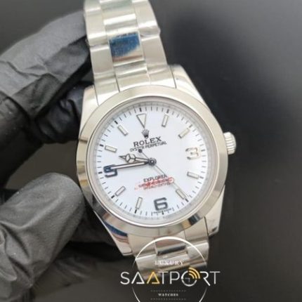 Rolex Saat Oyster Perpetual Explorer Beyaz Kadran Düz Çelik Bezel