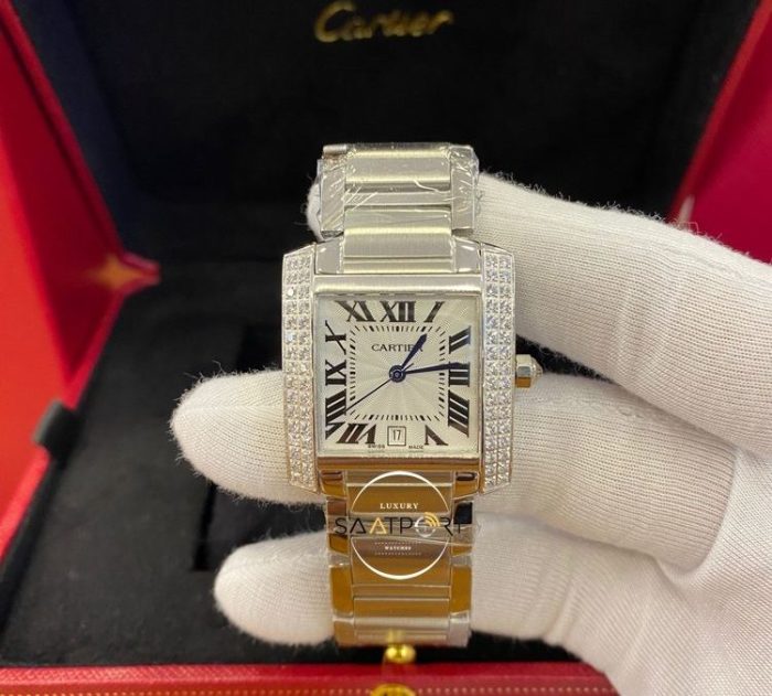 Cartier Tank Taşlı Çelik Kasa Roma Rakamlı Otomatik Bayan Saati