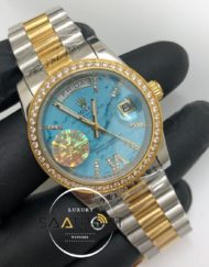 Rolex Saat Day Date Otomatik Taşlı Turkuaz Kadran Taşlı Gold Bezel