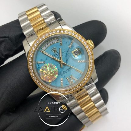 Rolex Saat Day Date Otomatik Taşlı Turkuaz Kadran Taşlı Gold Bezel
