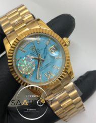 Rolex Saat Day Date Tırtıklı Gold Bezel Roma Rakamlı Turkuaz Kadran