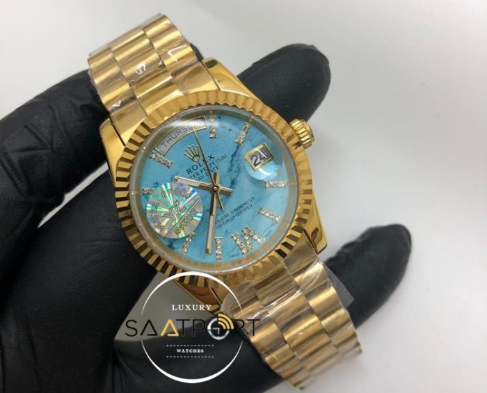 Rolex Saat Day Date Tırtıklı Gold Bezel Roma Rakamlı Turkuaz Kadran