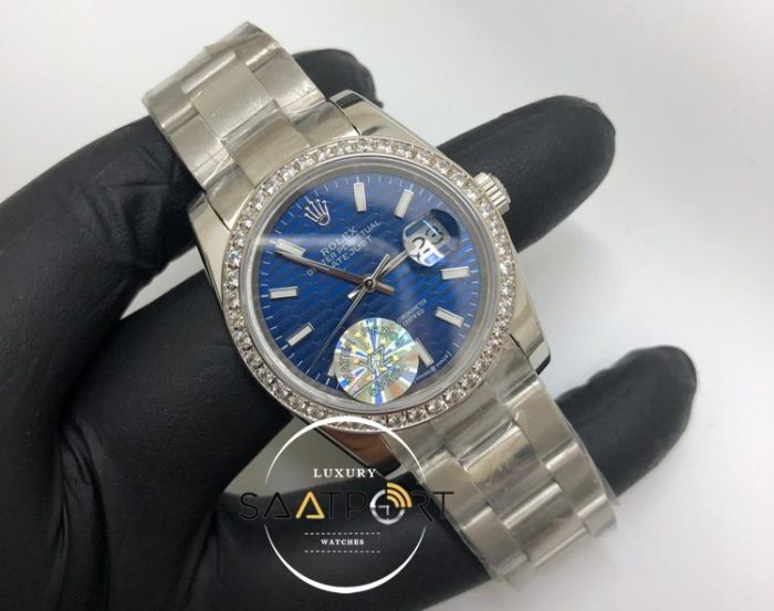 Rolex Saat Otomatik Datejust Taşlı Bezel Desenli Mavi Kadran Oyster Çelik Kordon