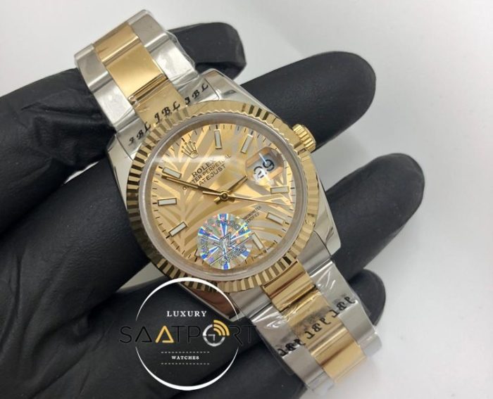 Rolex Saat Otomatik Datejust Tırtıklı Bezel Desenli Gold Kadran Oyster Çelik Kordon