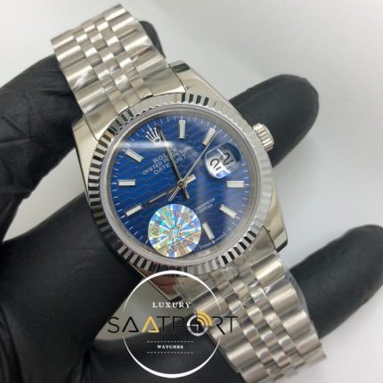 Rolex Saat Otomatik Datejust Tırtıklı Bezel Desenli Mavi Kadran Jubile Çelik Kordon