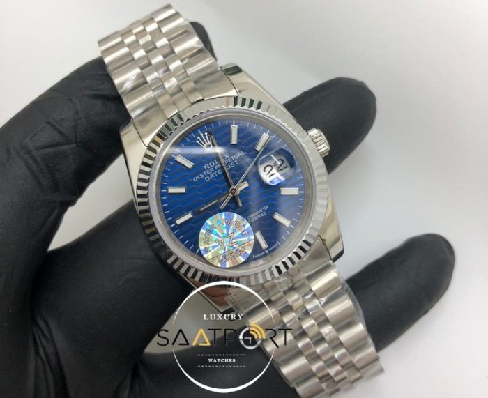 Rolex Saat Otomatik Datejust Tırtıklı Bezel Desenli Mavi Kadran Jubile Çelik Kordon