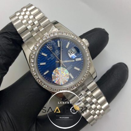 Rolex Saat Otomatik Datejust Taşlı Bezel Desenli Mavi Kadran Jubile Çelik Kordon