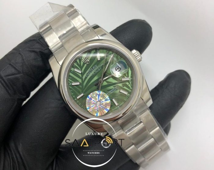Rolex Saat Datejust Otomatik Desenli Yeşil Kadran Düz Bezel Oyster Çelik Kordon