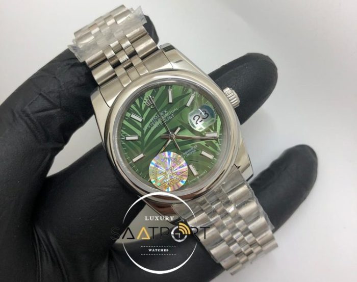 Rolex Saat Datejust Otomatik Desenli Yeşil Kadran Düz Bezel Jubile Çelik Kordon