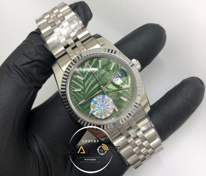 Rolex Saat Datejust Tırtıklı Bezel Desenli Yeşil Kadran Jubile Çelik Kordon