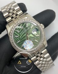 Rolex Saat Datejust Baget Taşlı Bezel Desenli Yeşil Kadran Jubile Çelik Kordon