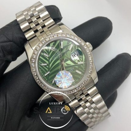 Rolex Saat Datejust Baget Taşlı Bezel Desenli Yeşil Kadran Jubile Çelik Kordon