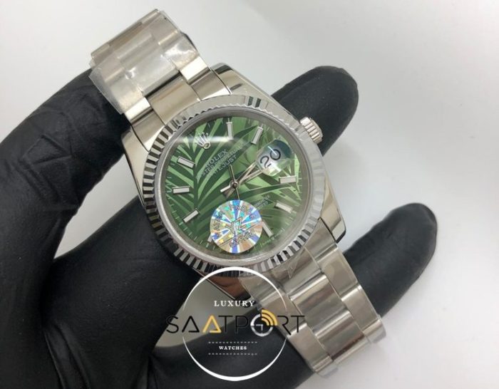 Rolex Saat Datejust Tırtıklı Bezel Desenli Yeşil Kadran Oyster Çelik Kordon