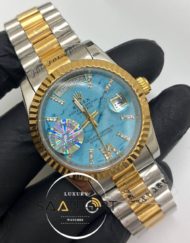 Rolex Saat Day Date Tırtıklı Gold Bezel Roma Rakamlı Taşlı Turkuaz Kadran