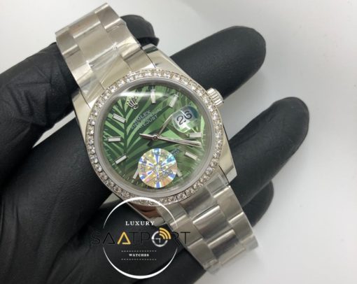 Rolex Saat Datejust Taşlı Baget Bezel Desenli Yeşil Kadran Oyster Çelik Kordon Otomatik