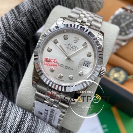 Rolex Saat Datejust Taşlı Gri Kadran Jubile Çelik Kordon Tırtıklı Bezel
