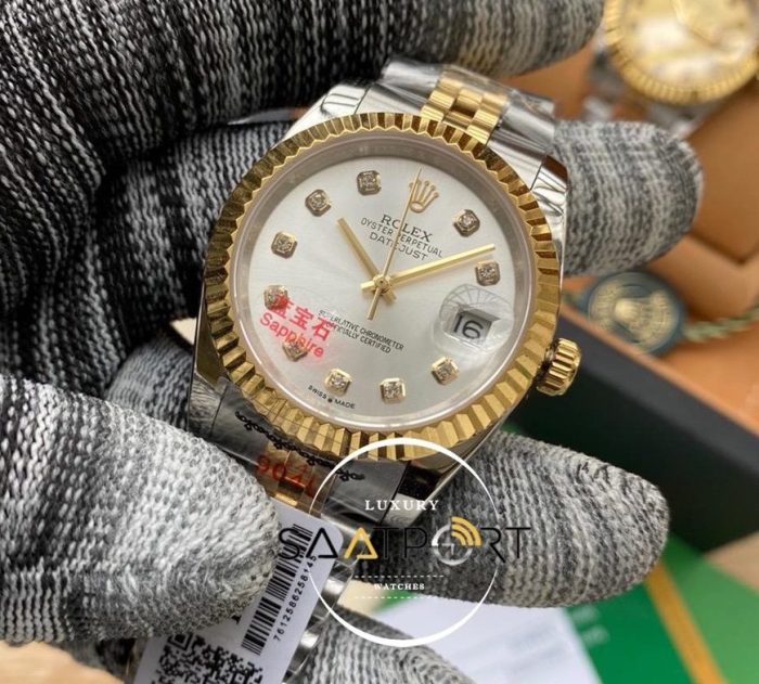 Rolex Saat Datejust Tırtıklı Gold Bezel Taşlı Gri Kadran Jubile Çelik Kordon